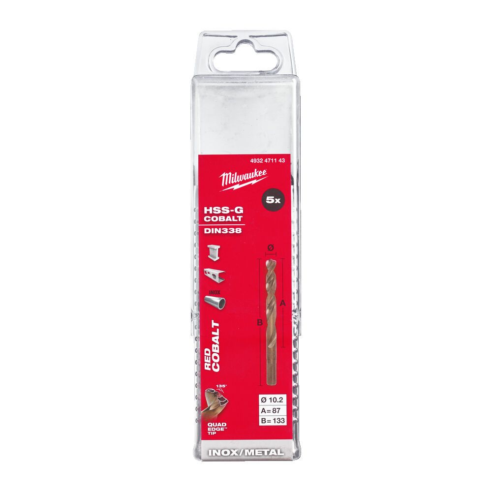 Свердло по металу HSS-Co MILWAUKEE DIN338, діаметр 10,2х133х87мм, (5шт), пластикова коробка (4932471143)