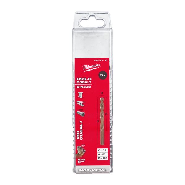 Свердло по металу HSS-Co MILWAUKEE DIN338, діаметр 10,2х133х87мм, (5шт), пластикова коробка (4932471143)