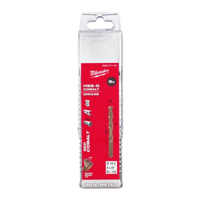 Свердло по металу HSS-Co MILWAUKEE DIN338, діаметр 10,2х133х87мм, (5шт), пластикова коробка (4932471143)