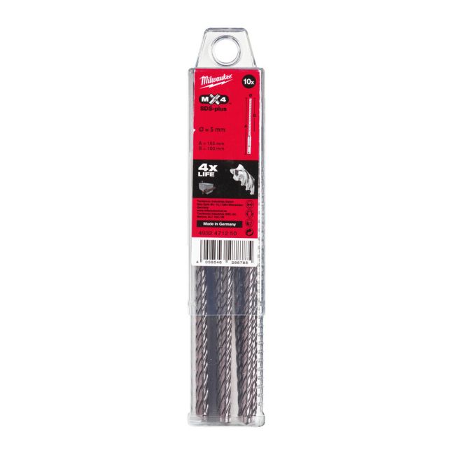 Бур SDS-PLUS MX4 MILWAUKEE, діаметр 5,0х165х100мм, (10шт), пластикова коробка (4932471250)