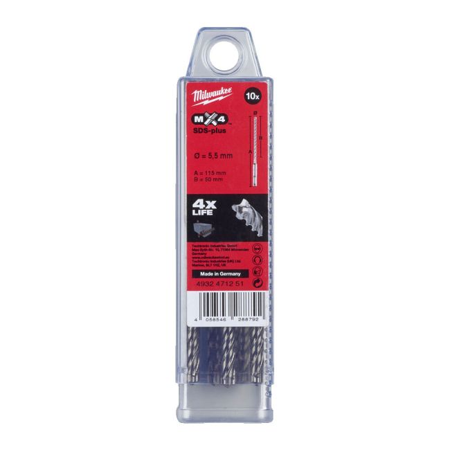 Бур SDS-PLUS MX4 MILWAUKEE, діаметр 5,5х115х50мм, (10шт), пластикова коробка (4932471251)