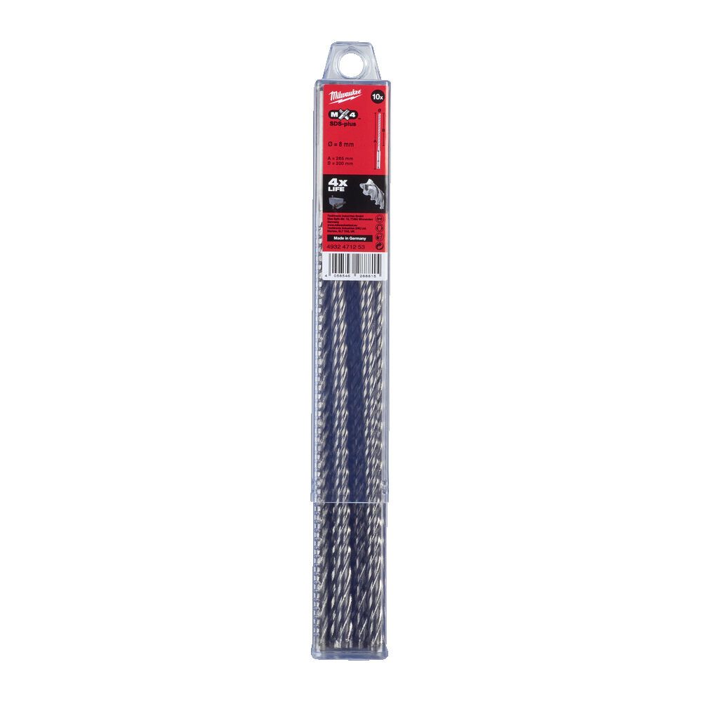 Бур SDS-PLUS MX4 MILWAUKEE, діаметр 8,0х265х200мм, (10шт), пластикова коробка (4932471253)