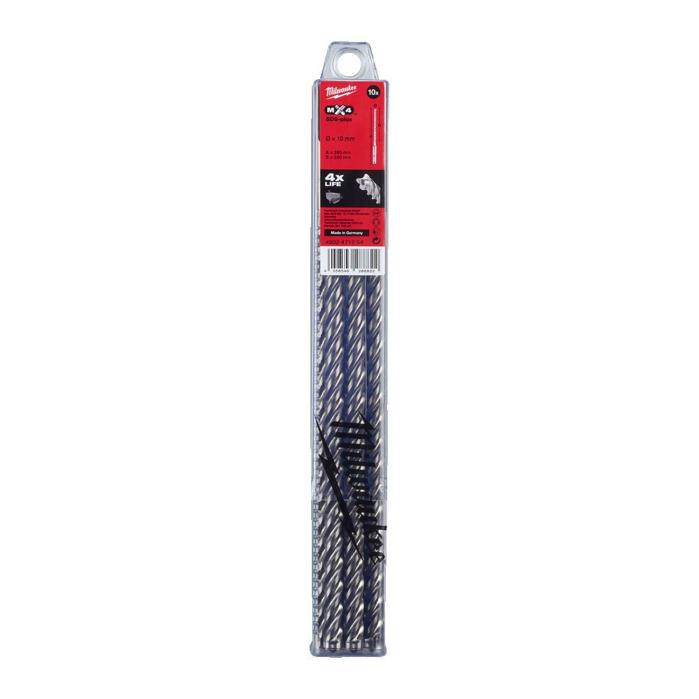 Бур SDS-PLUS MX4 MILWAUKEE, діаметр 10,0х265х200мм, (10шт), пластикова коробка (4932471254)