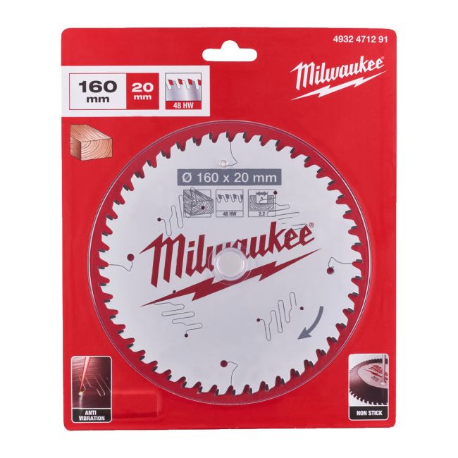 Диск пиляльний по дереву PFTE MILWAUKEE, діаметр 160х20х2,2мм, 48 зуб. (4932471291)