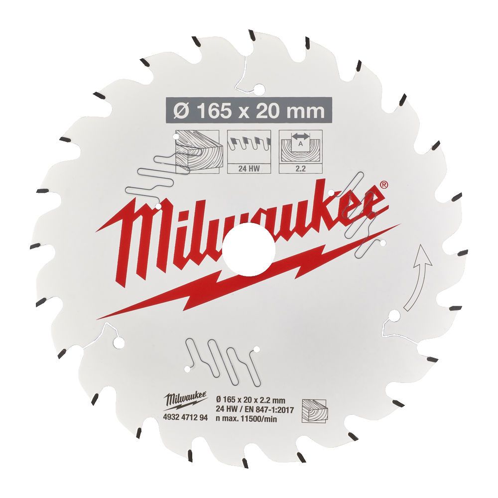 Диск пиляльний по дереву PFTE MILWAUKEE, діаметр 165х20х2,2мм, 24 зуб. (4932471294)
