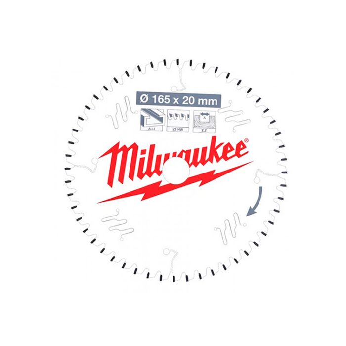 Диск пиляльний по алюмінію  Alu PFTE MILWAUKEE, діаметр 165х20х2,2мм, 52 зуб. (4932471296)