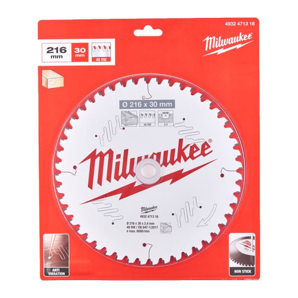 Диск пиляльний по дереву для торцювальних пил PFTE MILWAUKEE, діаметр 216х30х2,4мм, 48 зуб. (4932471316)