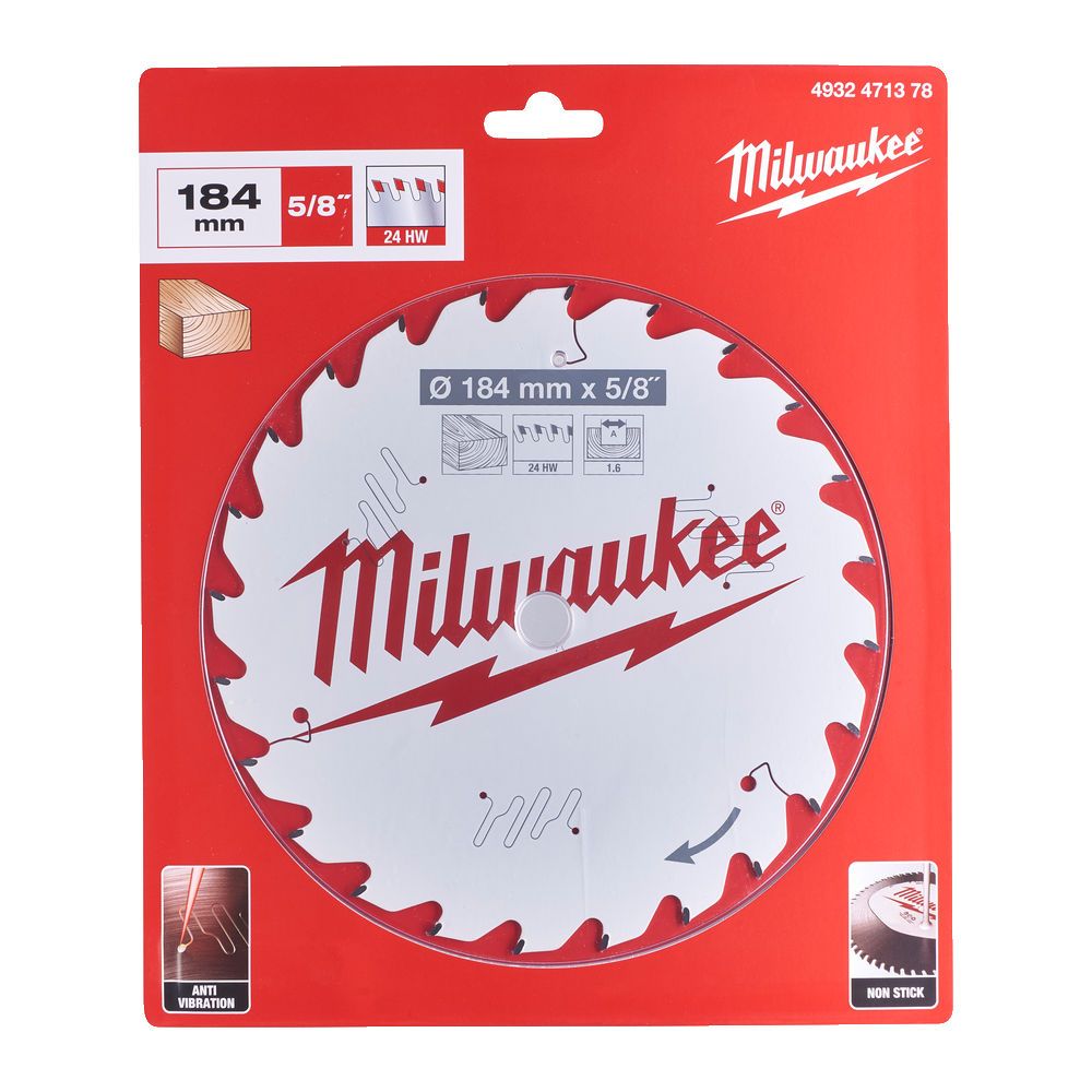 Диск пиляльний по дереву PFTE MILWAUKEE, діаметр 184х5/8"х1,6мм, 24 зуб. (4932471378)