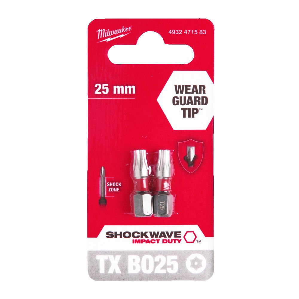 Біта SHOCKWAVE MILWAUKEE, TX BO25, 25мм, (2шт) (4932471583)