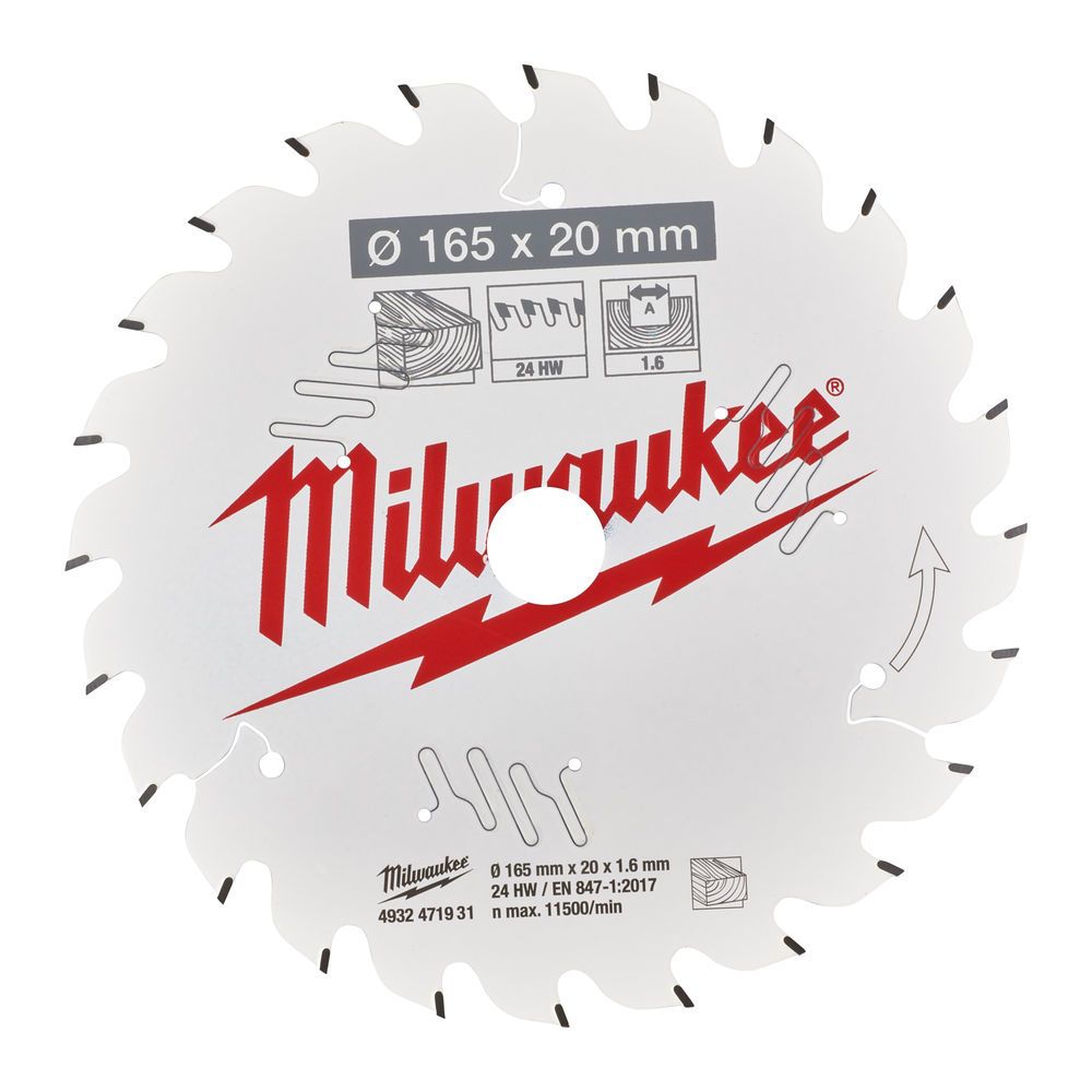 Диск пиляльний по дереву PFTE THIN KERF MILWAUKEE, діаметр 165х20х1,6мм, 24 зуб. (4932471931)