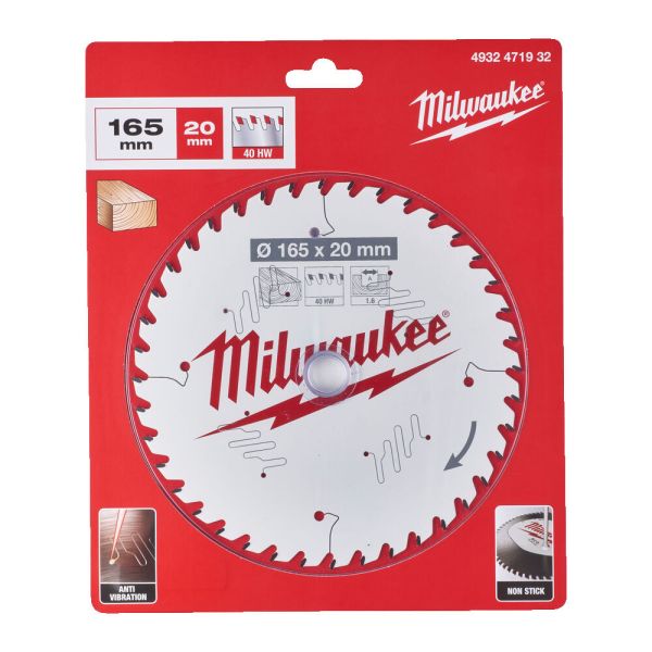 Диск пиляльний по дереву PFTE THIN KERF MILWAUKEE, діаметр 165х20х1,6мм, 40 зуб. (4932471932)