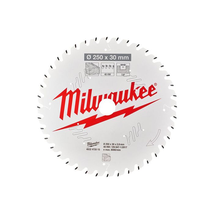Диск пиляльний по дереву для торцювальних пил PFTE MILWAUKEE, діаметр 250х30х2,8мм, 40 зуб. (4932472015)