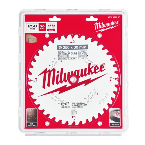 Диск пиляльний по дереву для торцювальних пил PFTE MILWAUKEE, діаметр 250х30х2,8мм, 40 зуб. (4932472015)