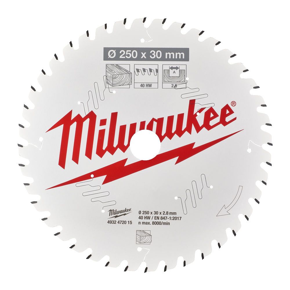 Диск пиляльний по дереву для торцювальних пил PFTE MILWAUKEE, діаметр 250х30х2,8мм, 40 зуб. (4932472015)