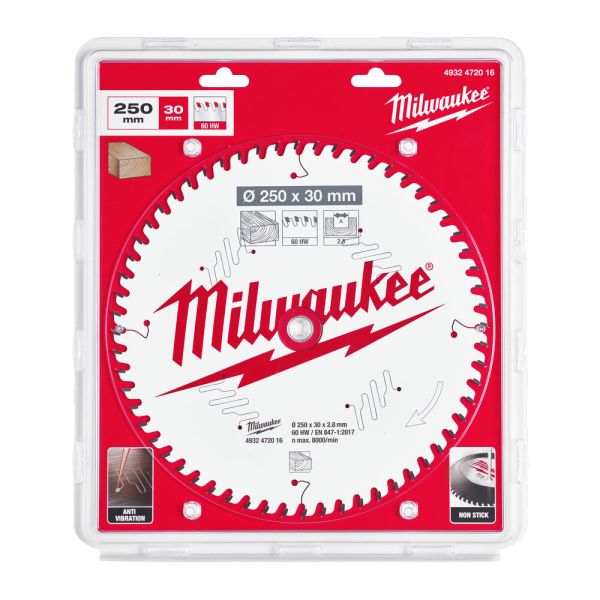 Диск пиляльний по дереву для торцювальних пил PFTE MILWAUKEE, діаметр 250х30х2,8мм, 60 зуб. (4932472016)