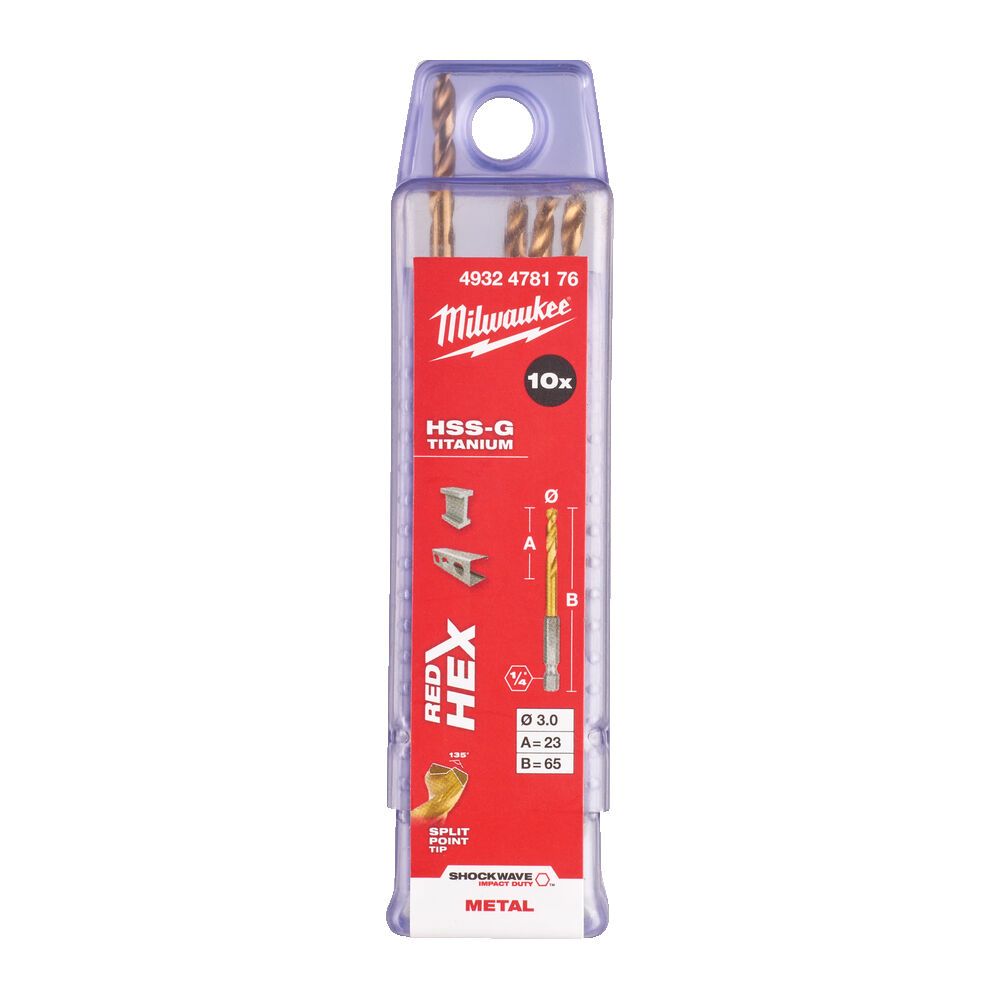 Свердло по металу RedHEX SHOCKWAVE™ HSS-TiN MILWAUKEE, діаметр 3,0х65х23мм, (10шт), пластикова коробка (4932478176)