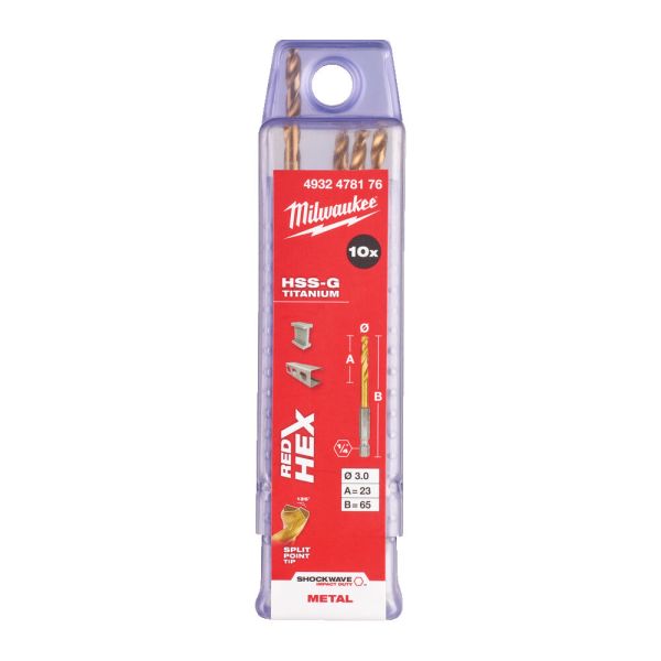 Свердло по металу RedHEX SHOCKWAVE™ HSS-TiN MILWAUKEE, діаметр 3,0х65х23мм, (10шт), пластикова коробка (4932478176)