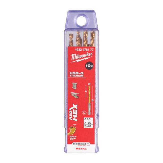 Свердло по металу RedHEX SHOCKWAVE HSS-TiN MILWAUKEE, діаметр 3,5х69х25мм, (10шт), пластикова коробка (4932478177)