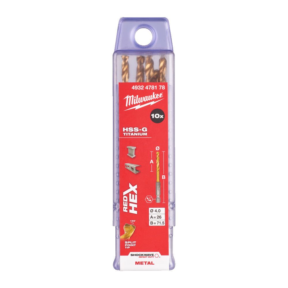 Свердло по металу RedHEX SHOCKWAVE™ HSS-TiN MILWAUKEE, діаметр 4,0х71,5х26мм, (10шт), пластикова коробка (4932478178)