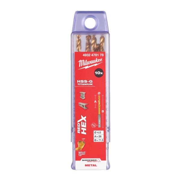 Свердло по металу RedHEX SHOCKWAVE™ HSS-TiN MILWAUKEE, діаметр 4,0х71,5х26мм, (10шт), пластикова коробка (4932478178)
