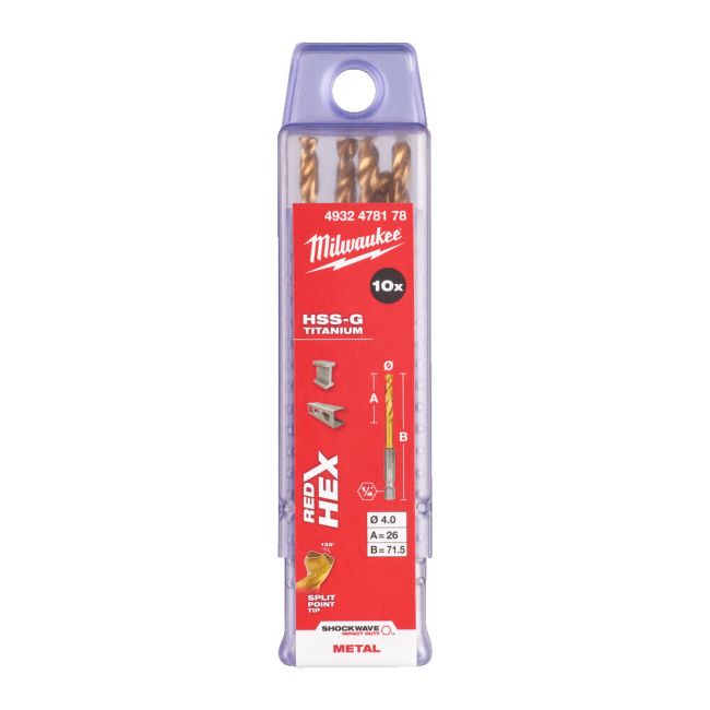 Свердло по металу RedHEX SHOCKWAVE™ HSS-TiN MILWAUKEE, діаметр 4,0х71,5х26мм, (10шт), пластикова коробка (4932478178)