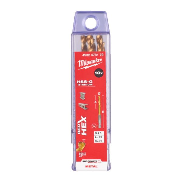 Свердло по металу RedHEX SHOCKWAVE™ HSS-TiN MILWAUKEE, діаметр 4,5х76х29мм, (10шт), пластикова коробка (4932478179)