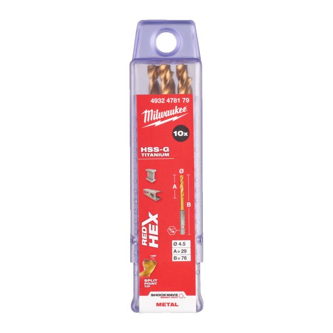 Свердло по металу RedHEX SHOCKWAVE™ HSS-TiN MILWAUKEE, діаметр 4,5х76х29мм, (10шт), пластикова коробка (4932478179)