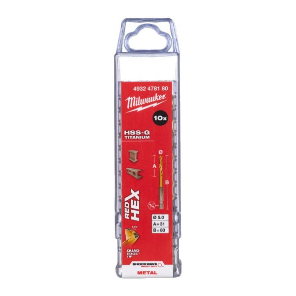 Свердло по металу RedHEX SHOCKWAVE™ HSS-TiN MILWAUKEE, діаметр 5,0х80х31мм (10шт), пластикова коробка (4932478180)