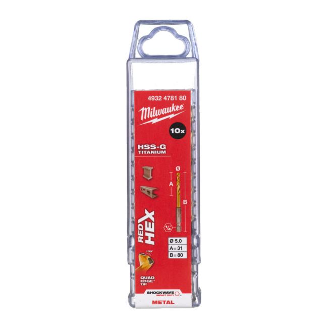Свердло по металу RedHEX SHOCKWAVE™ HSS-TiN MILWAUKEE, діаметр 5,0х80х31мм (10шт), пластикова коробка (4932478180)