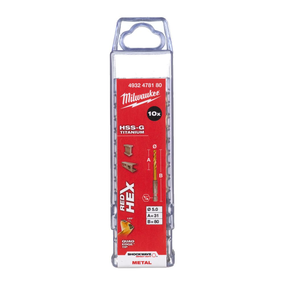 Свердло по металу RedHEX SHOCKWAVE™ HSS-TiN MILWAUKEE, діаметр 5,0х80х31мм (10шт), пластикова коробка (4932478180)