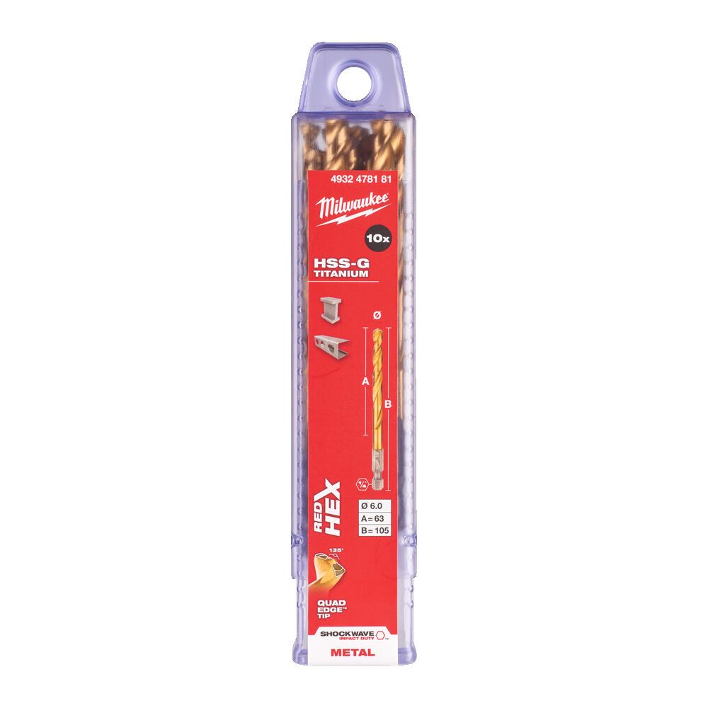 Свердло по металу RedHEX SHOCKWAVE HSS-TiN MILWAUKEE, діаметр 6,0х105х63мм, (10шт), пластикова коробка (4932478181)