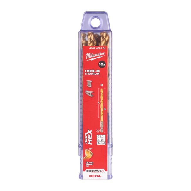 Свердло по металу RedHEX SHOCKWAVE HSS-TiN MILWAUKEE, діаметр 6,0х105х63мм, (10шт), пластикова коробка (4932478181)