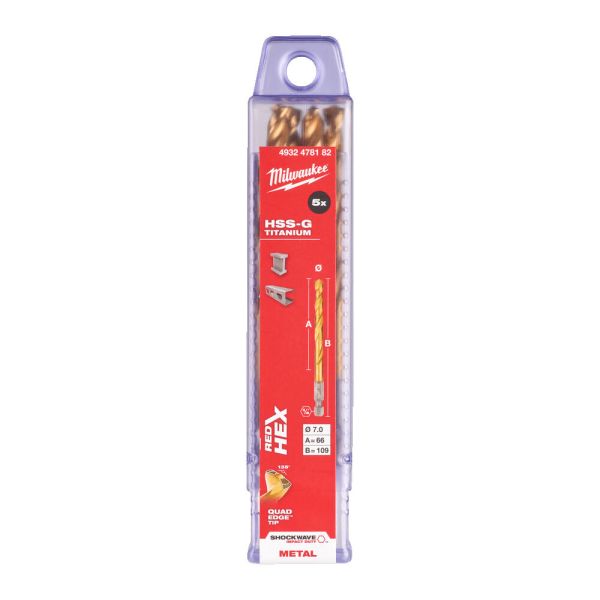 Свердло по металу RedHEX SHOCKWAVE HSS-TiN MILWAUKEE, діаметр 7,0х109х66мм, (5шт), пластикова коробка (4932478182)