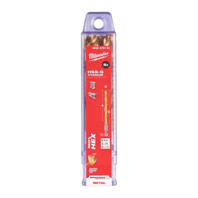 Свердло по металу RedHEX SHOCKWAVE HSS-TiN MILWAUKEE, діаметр 8,0х111х70мм, (5шт), пластикова коробка (4932478183)