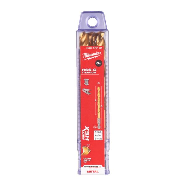 Свердло по металу RedHEX SHOCKWAVE HSS-TiN MILWAUKEE, діаметр 10,0х120х76мм, (5шт), пластикова коробка (4932478184)