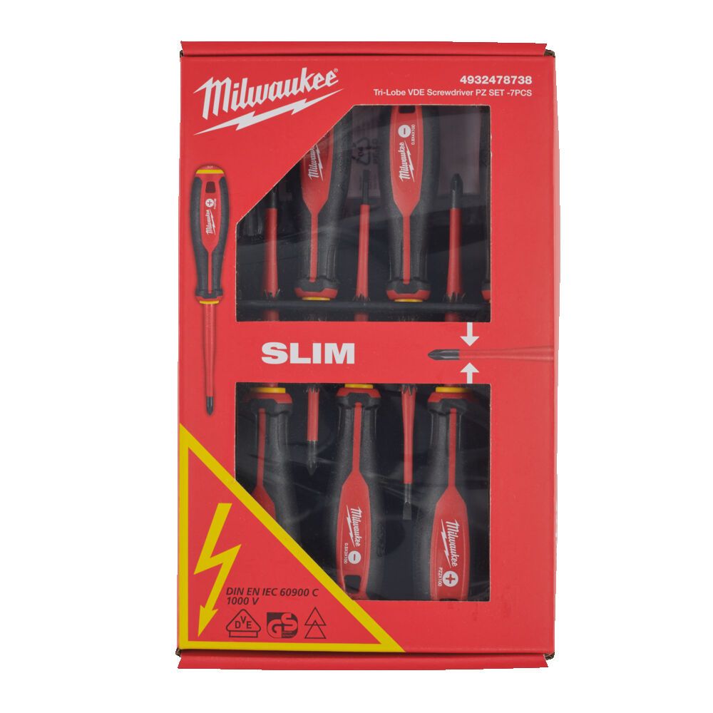 Набір викруток ізольованих VDE MILWAUKEE, (7шт), (SL2,5/ SL3/ SL4/ PH2/ PZ1/PZ2 / викрутка-тестер) (4932478738)