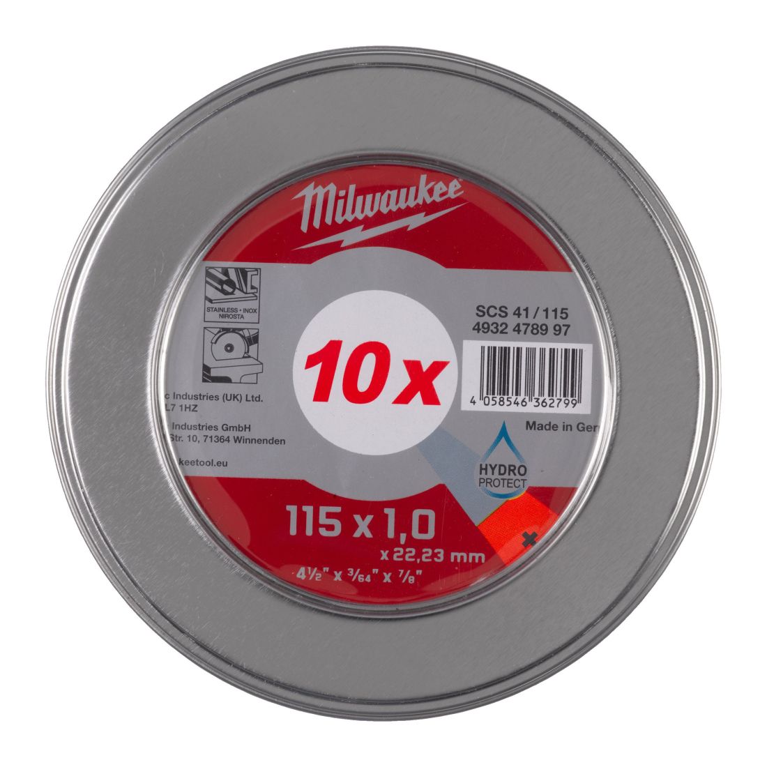 Диск відрізний по металу MILWAUKEE, SCS 41/115x1 PRO+, діаметр 115мм, (10шт) металевий футляр (4932478997)