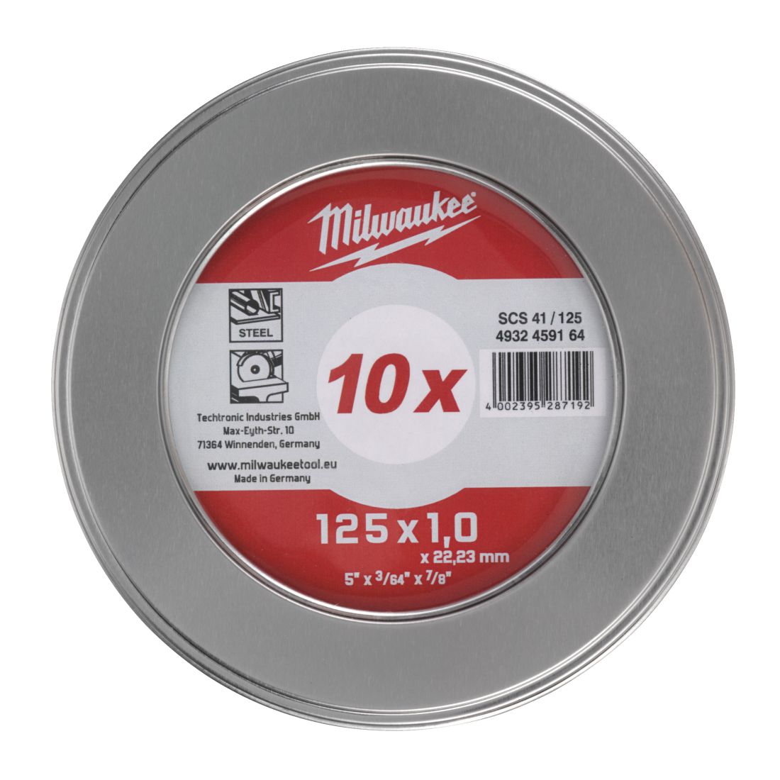 Диск відрізний по металу MILWAUKEE, SCS 41/125х1,5 PRO+, діаметр 125мм, (10шт) металевий футляр (4932478998)