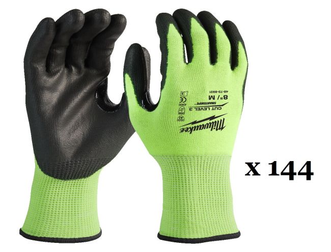 Рукавиці робочі сигнальні Hi-Vis MILWAUKEE, з опором порізам 3/C рівня, розмір 8/M, (144 пари) (4932479020)