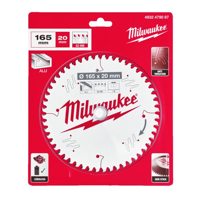 Диск пиляльний по алюмінію Alu PFTE THIN KERF MILWAUKEE, діаметр 165х20х1,6мм, 52 зуб. (4932479087)
