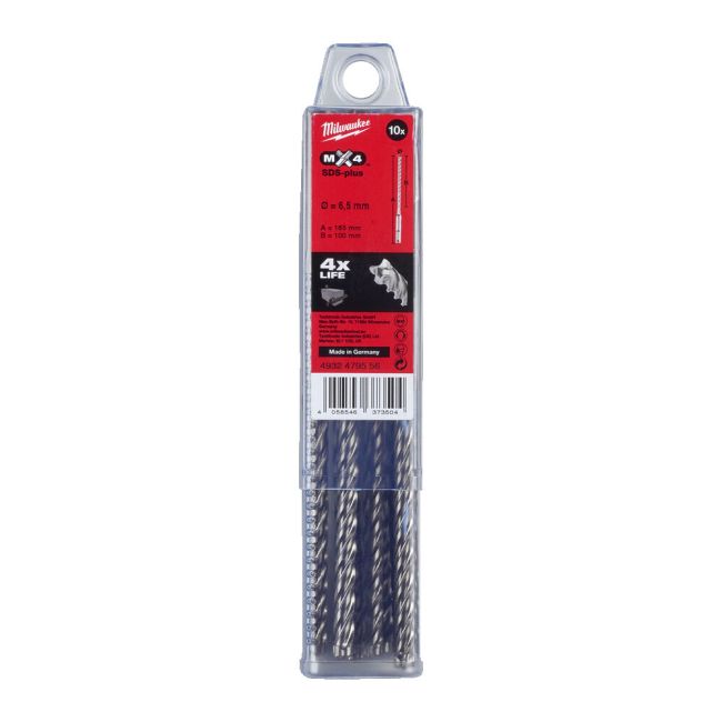 Бур SDS-PLUS MX4 MILWAUKEE,діаметр 6,5х165х100мм, (10шт), пластикова коробка (4932479556)