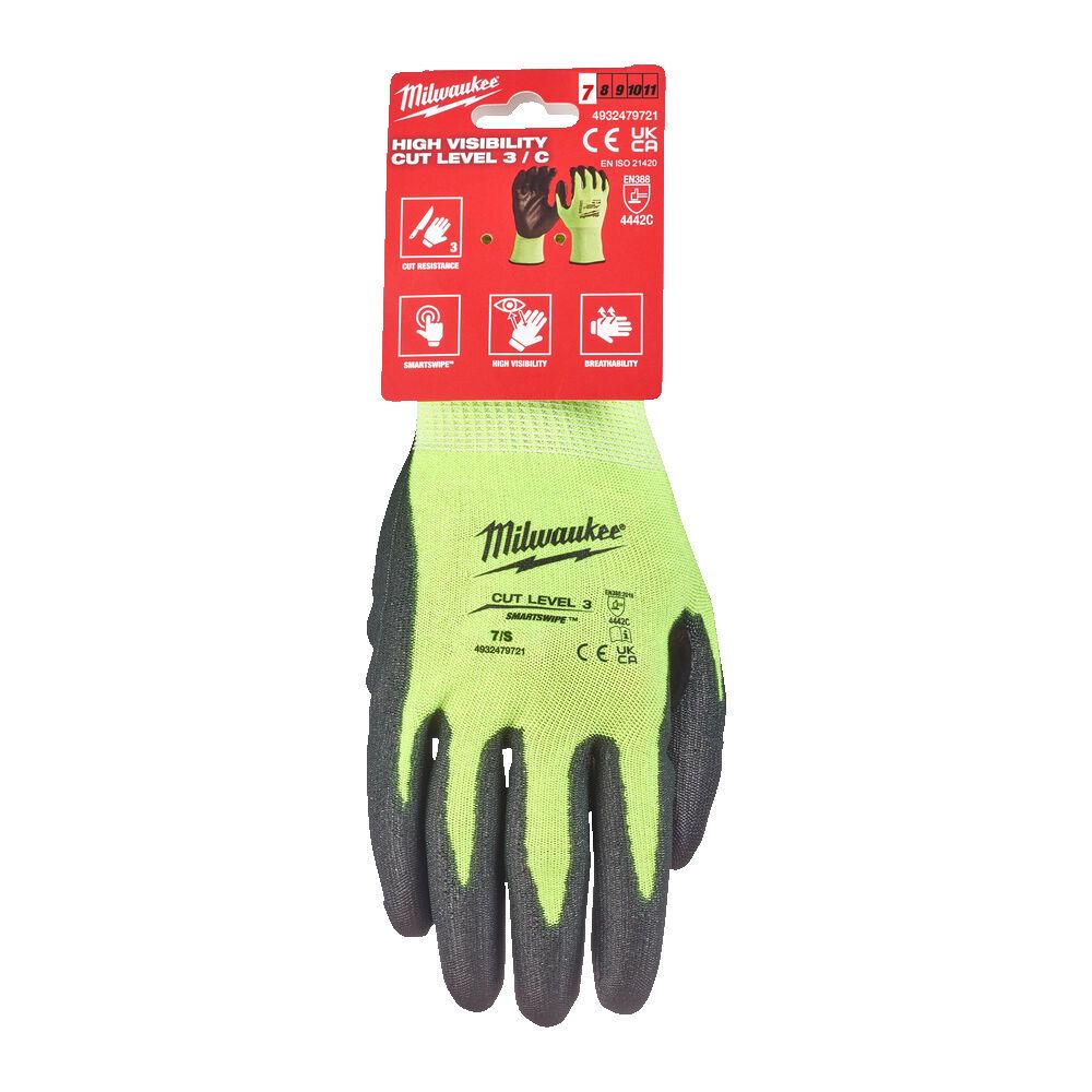 Рукавиці робочі сигнальні Hi-Vis MILWAUKEE, з опором порізам 3/C рівня, розмір 7/S (4932479721)