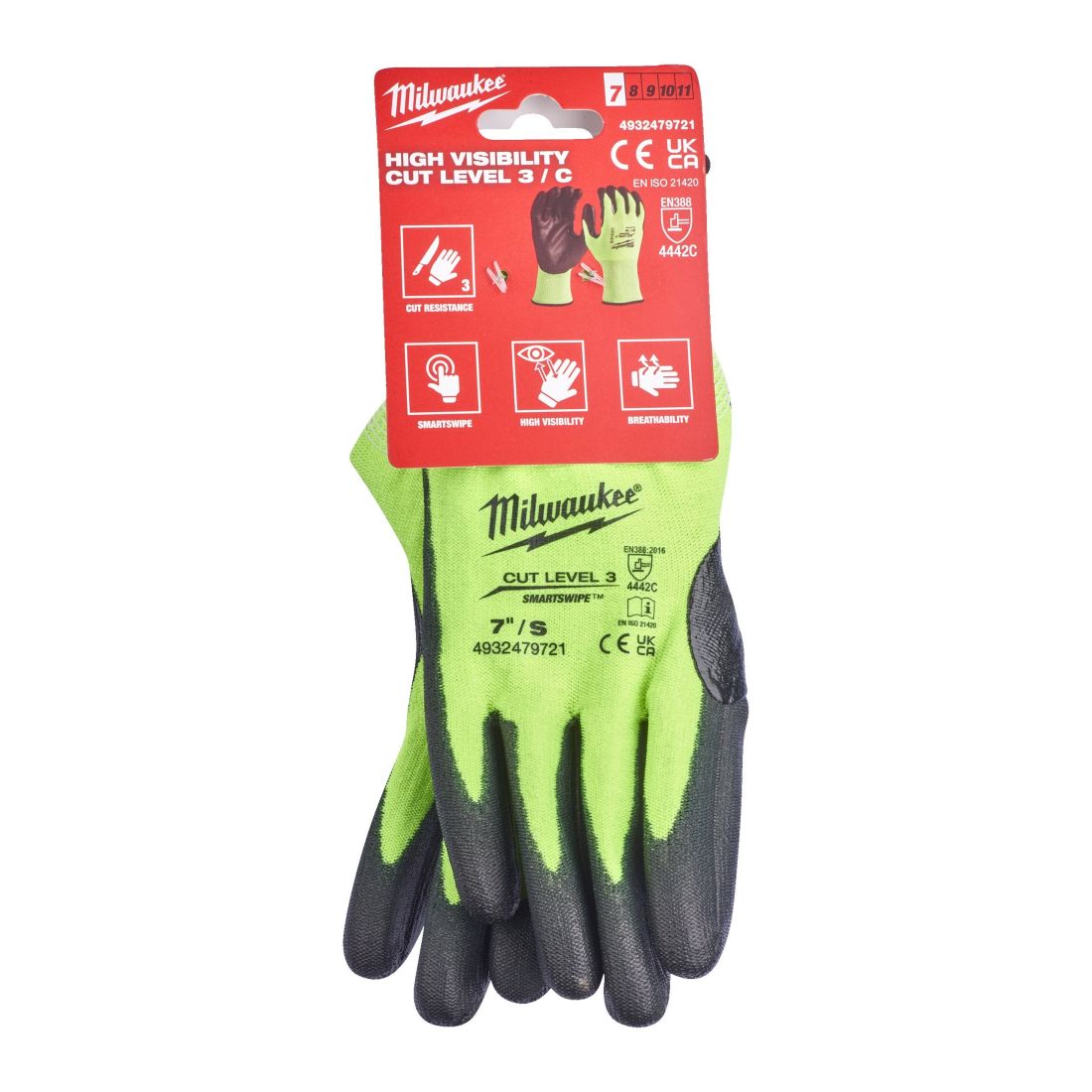 Рукавиці робочі сигнальні Hi-Vis MILWAUKEE. з опором порізам 3/С рівня, розмір 7/S, (144 пари) (4932479722)