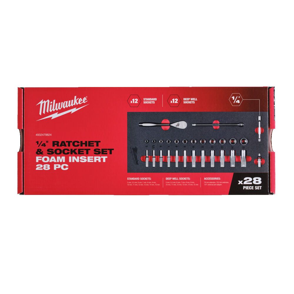 Ложемент с головками хромованими та тріскачкой 1/4'' MILWAUKEE. (28шт) (45х178,5х417мм) для візків (4932479824)