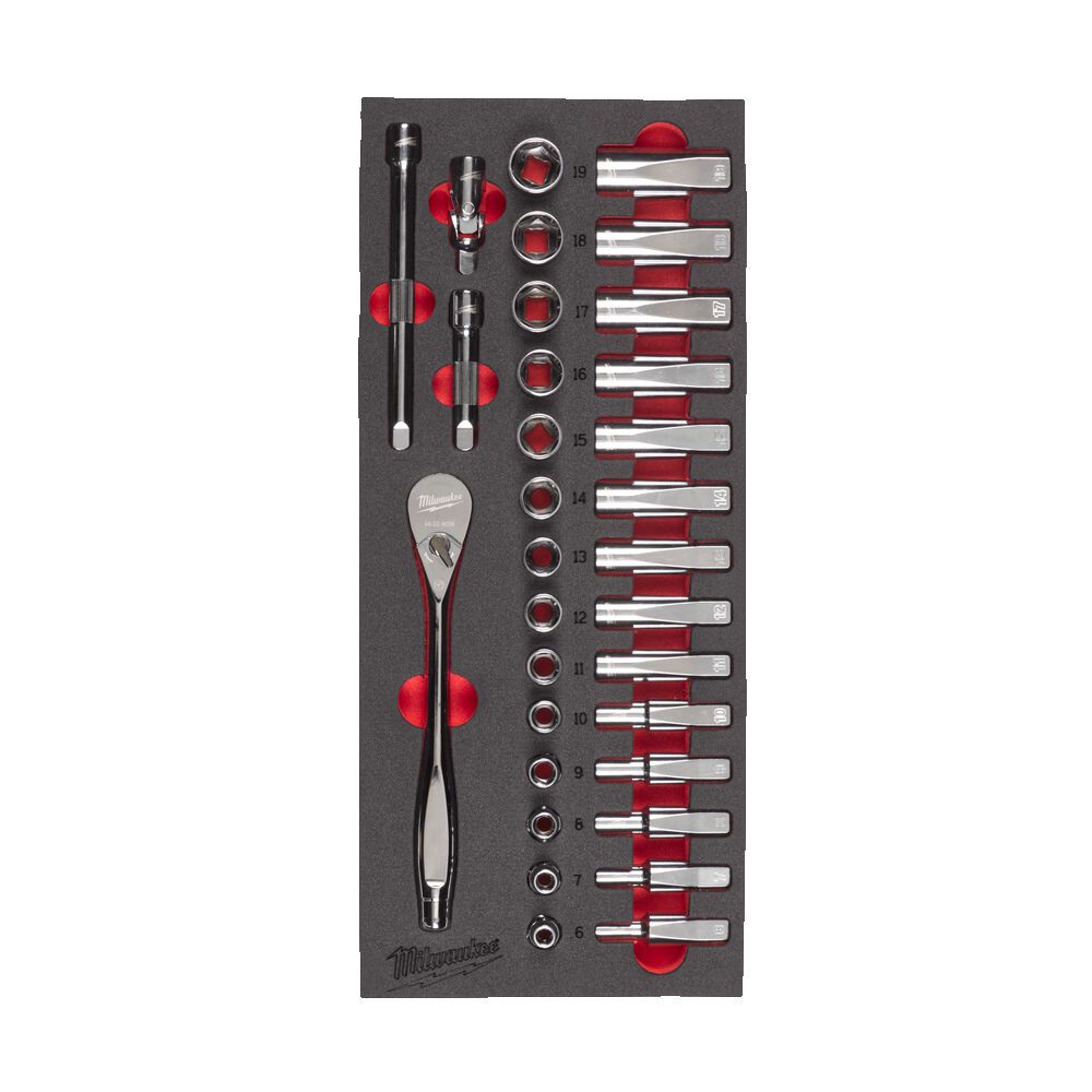 Ложемент с головками хромованими та тріскачкой 3/8'' MILWAUKEE. (28шт) (45х178,5х417мм) для візків (4932479825)