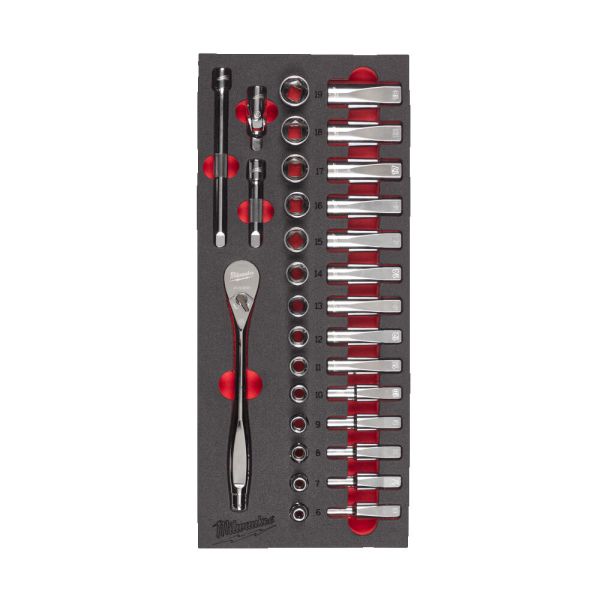 Ложемент с головками хромованими та тріскачкой 3/8'' MILWAUKEE. (28шт) (45х178,5х417мм) для візків (4932479825)