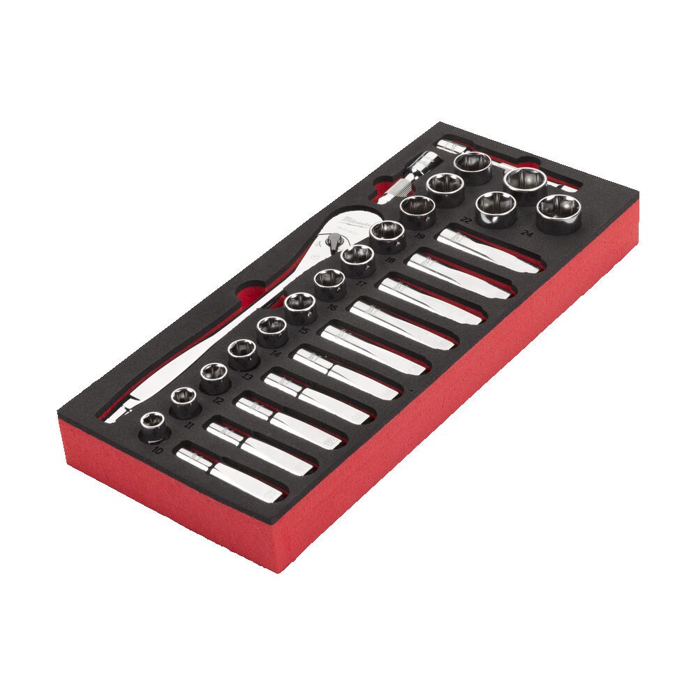 Ложемент с головками хромованими та тріскачкой 1/2'' MILWAUKEE. (28шт) (45х178,5х417мм) для візків (4932479826)