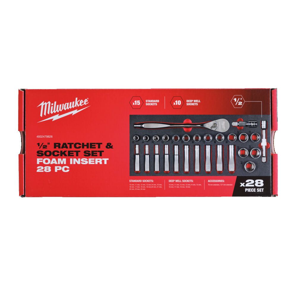 Ложемент с головками хромованими та тріскачкой 1/2'' MILWAUKEE. (28шт) (45х178,5х417мм) для візків (4932479826)
