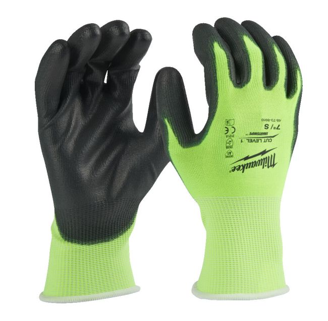 Рукавиці робочі сигнальні Hi-Vis MILWAUKEE, з опором порізам 1/A рівня, розмір 7/S (4932479916)
