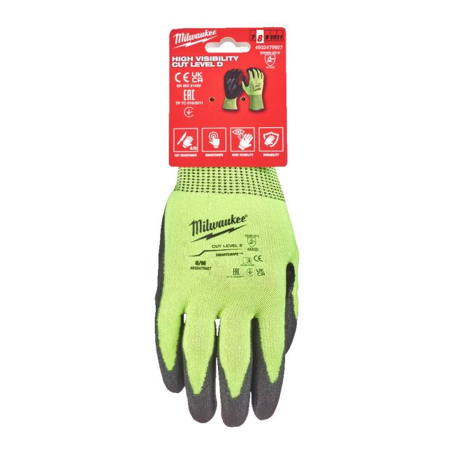 Рукавиці робочі сигнальні Hi-Vis MILWAUKEE, з опором порізам 4/D рівня, розмір 8/M (4932479927)